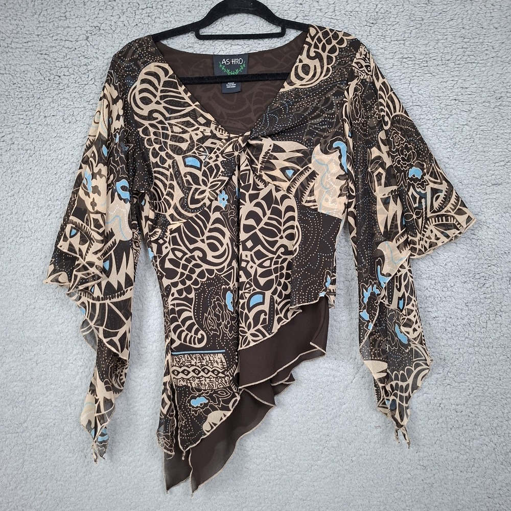 Fariy Grunge Top Brown Abstract Overlay Asymmetric Layered Hem Artsy M Knotted